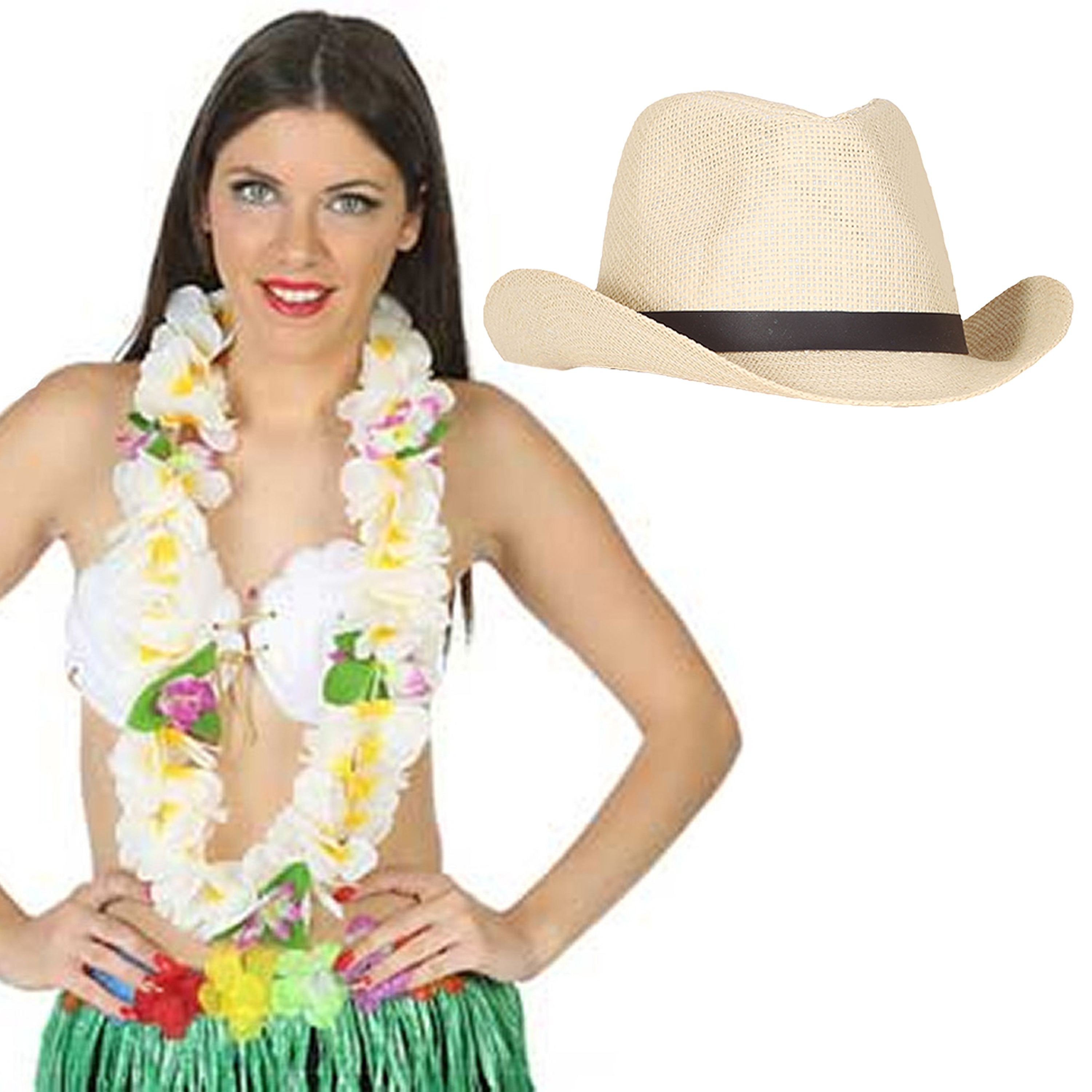Toppers - Carnaval verkleedset - Tropical Hawaii party - stro cowboy hoed - en volle bloemenslinger wit Top Merken Winkel